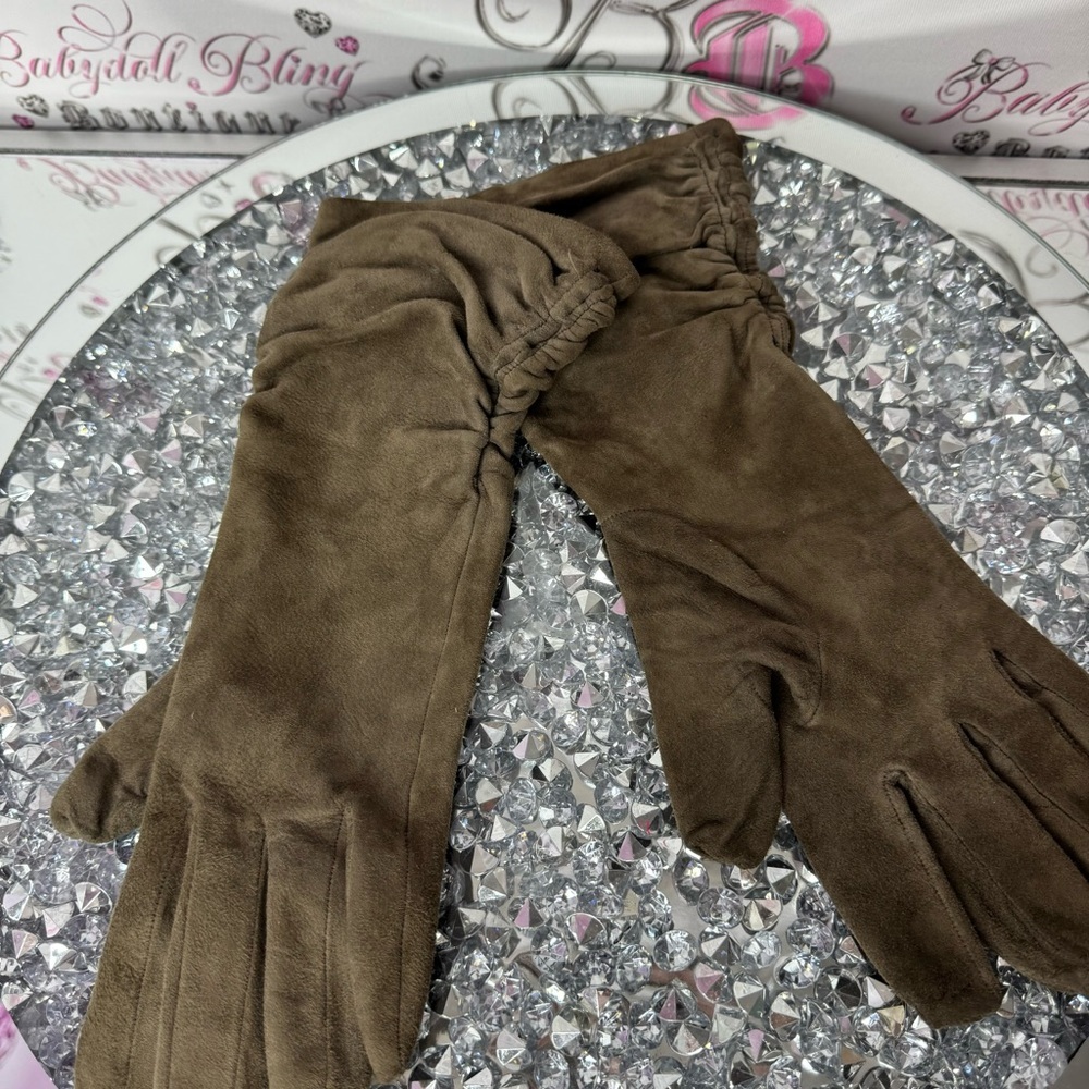 Holt renfrew gloves mittens taupe brown grey nude leather silk cinched sides 7 - Picture 12 of 16